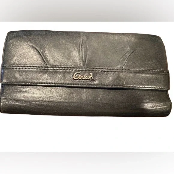 Coach Black Leather Trifold Wallet Checkbook Style - Picture 1 of 5